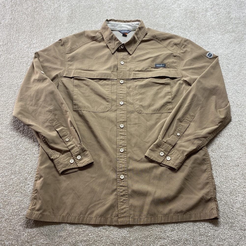 Eddie Bauer Fishing Shirt Mens L Brown Long Sleeve Vented Sport Shop Button Up